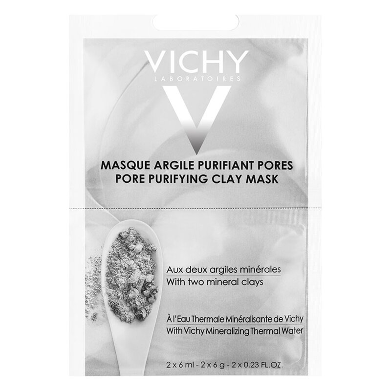 Verpackung einer pore-purifizierenden Tonmaske von Vichy, mit Abbildungen der Inhaltsstoffe und Anwendungshinweisen.