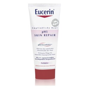 Eucerin pH5 Skin Repair Creme in einer weißen Tube mit rotem Deckel, für empfindliche Haut.