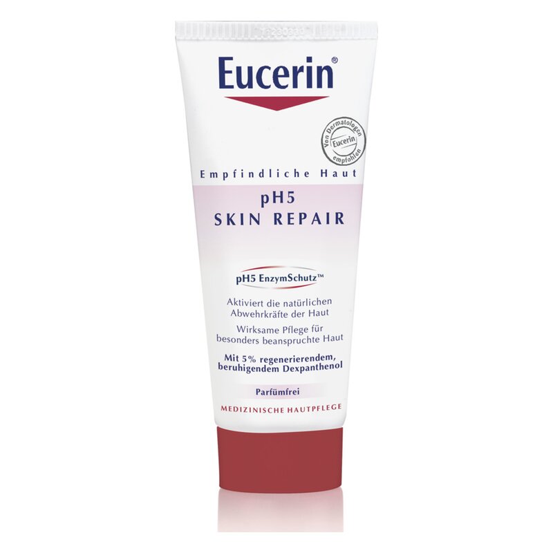 Eucerin pH5 Skin Repair Creme in einer weißen Tube mit rotem Deckel, für empfindliche Haut.