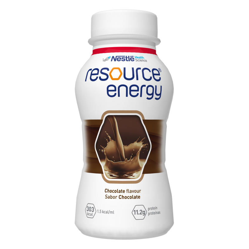 Flasche Resource Energy in Schokoladengeschmack mit Protein, aus dem Nestlé Health Science Sortiment.