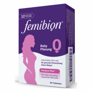 Verpackung von Femibion Baby Planung mit einer stilisierten Frauenfigur, Informationen zu Folsäure und Nährstoffen.