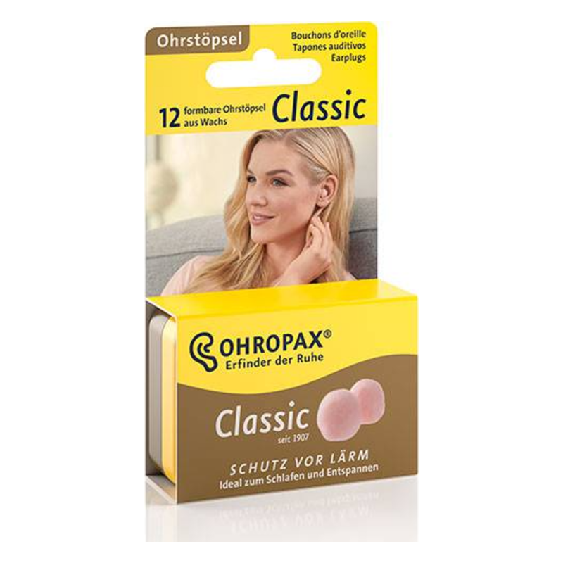 Verpackung mit formbaren Ohrstöpseln aus Wachs, ideal zum Schutz vor Lärm und entspannen.