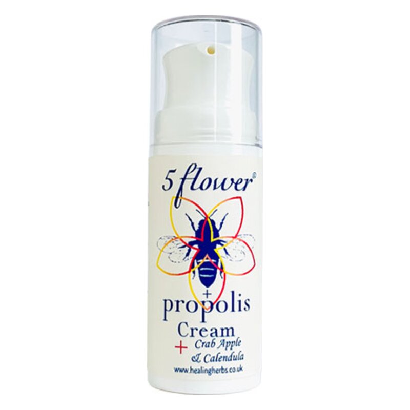 Pumpflasche mit Propolis-Creme, beschriftet mit "5 flower" und Illustrationen von einer Biene und Blüten.