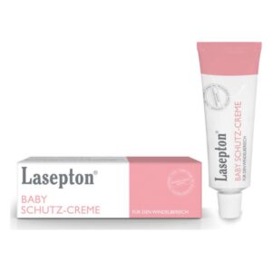 Tube und Verpackung von Lasepton Baby Schutz-Crème, rosa und weiß, für den Windelbereich.