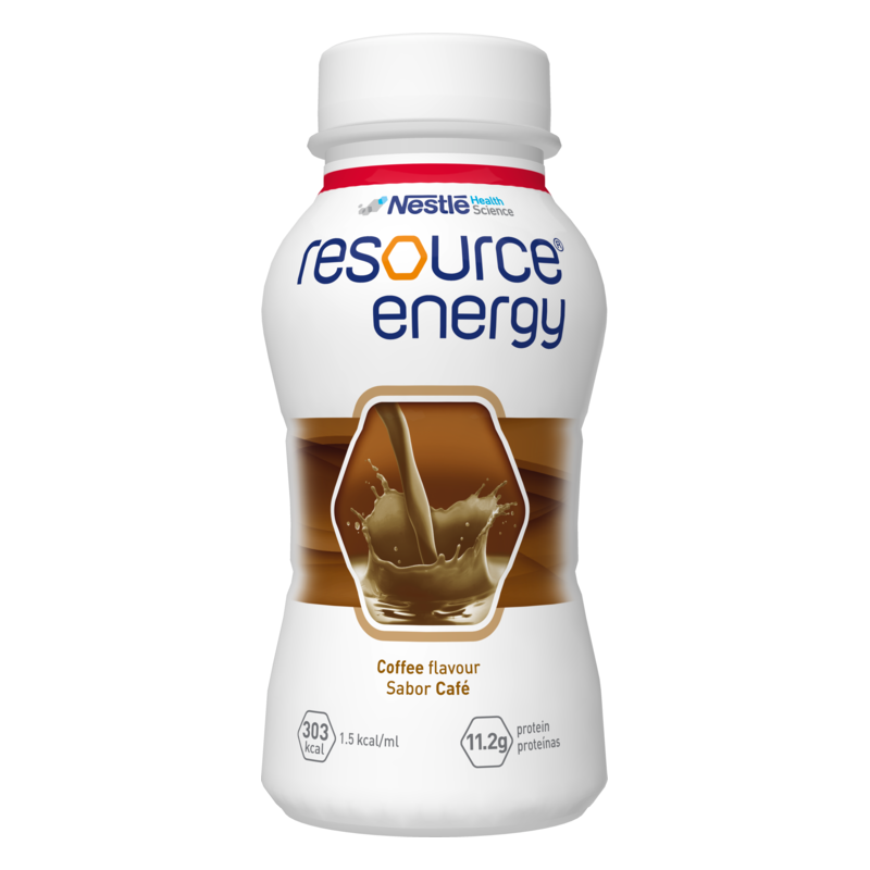 Plastikflasche mit Kaffeegeschmack, beschriftet mit "resource energy" und Nährwertangaben, abgerundete Form.