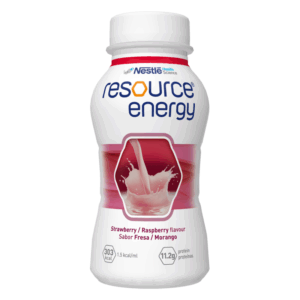 Flasche mit Resource Energy Getränk in Erdbeer-Rhabarber Geschmack, mit Protein- und Kalorienangaben.