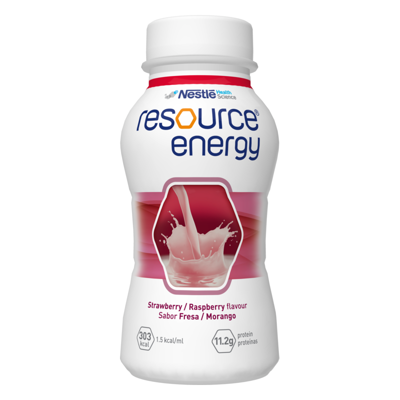 Flasche mit Resource Energy Getränk in Erdbeer-Rhabarber Geschmack, mit Protein- und Kalorienangaben.