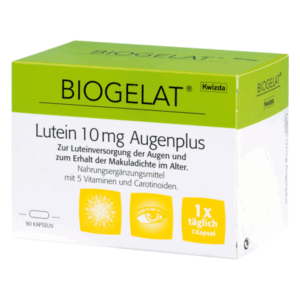 Verpackung des Nahrungsergänzungsmittels Biogelat Lutein 10 mg Augenplus mit Informationen zur Anwendung und Nährstoffen.