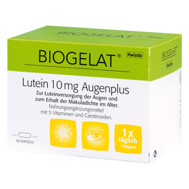 Verpackung des Nahrungsergänzungsmittels Biogelat Lutein 10 mg Augenplus mit Informationen zur Anwendung und Nährstoffen.
