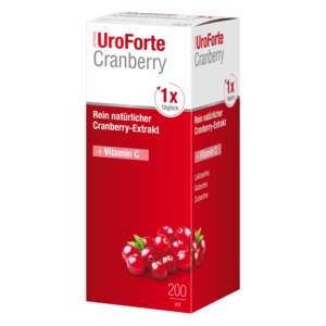 Packung von UroForte Cranberry, enthält Cranberry-Extrakt und Vitamin C, 200 ml, mit Angaben zu Inhaltsstoffen.