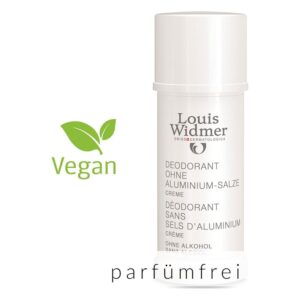 Weißer Deodorantstick mit der Aufschrift "Ohne Aluminium-Salze" und veganem Symbol, parfümfrei.