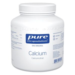Weißer Kunststoffbehälter mit blauem Logo und Aufschrift "Calcium" von Pure Encapsulations.