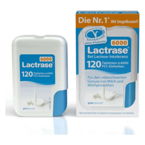 Lactrase Box und Flasche mit 120 Tabletten zur Unterstützung bei Lactose-Intoleranz, vegetarisch und glutenfrei.