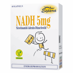 Verpackung von NADH-Kapseln mit einem fröhlichen Strichmännchen und dem Hinweis auf vegane Inhaltsstoffe.