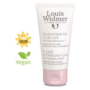 Tube mit Feuchtigkeitsfluid für fettige und Mischhaut, enthält UVA/UVB-Schutz und ist vegan.