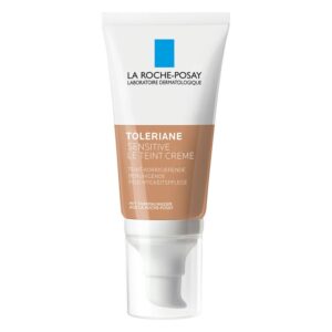 Tube mit speziellem Pumpspender für eine teint-korrigierende Gesichtscreme von La Roche-Posay in sanftem Braunton.