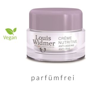 Vegan, parfümfreie Anti-Aging-Creme in einem durchsichtigen Tiegel mit lila Deckel von Louis Widmer.
