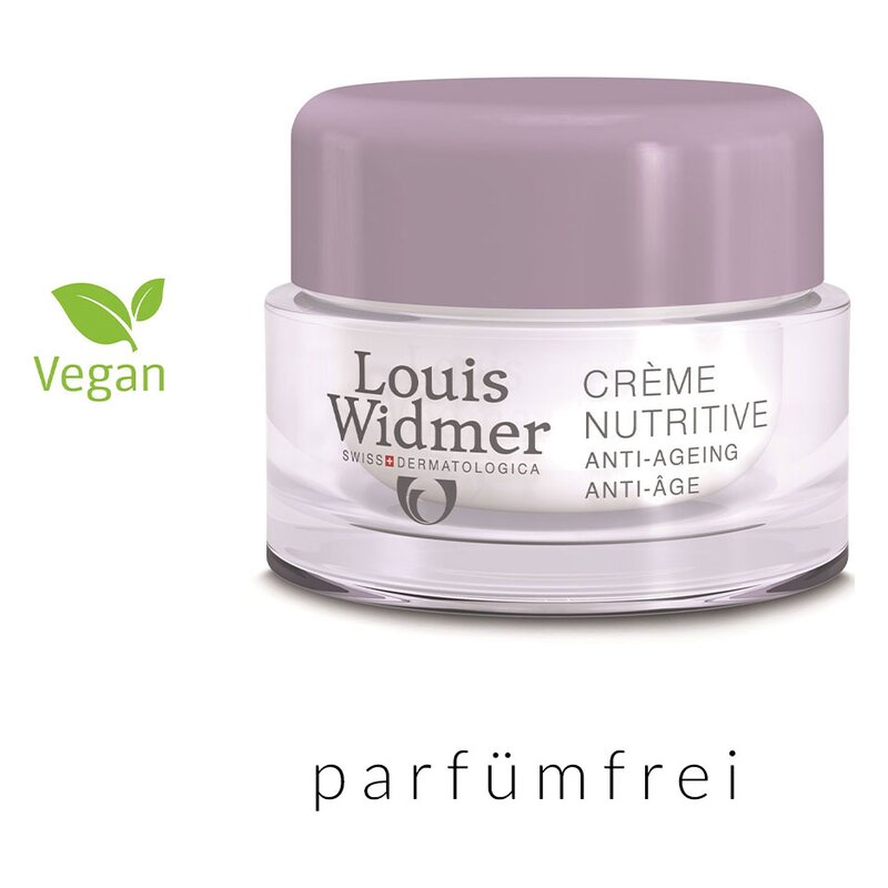 Vegan, parfümfreie Anti-Aging-Creme in einem durchsichtigen Tiegel mit lila Deckel von Louis Widmer.