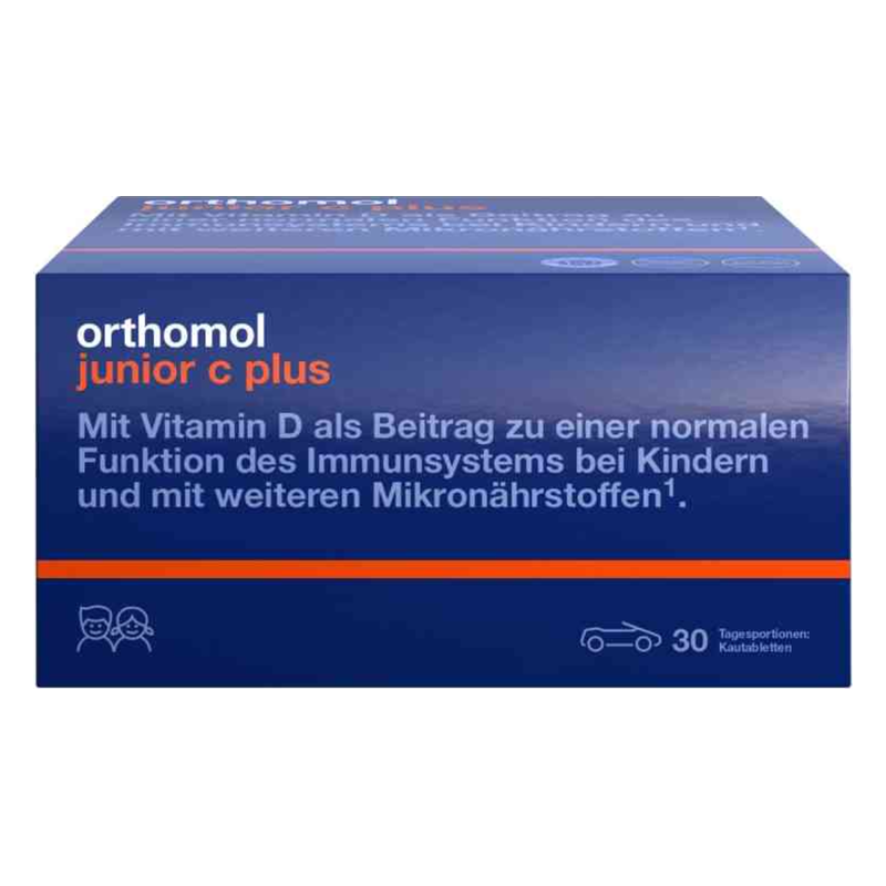 Verpackung von Orthomol Junior C Plus mit orangefarbener Schrift und Angaben zu Vitamin D für Kinder.