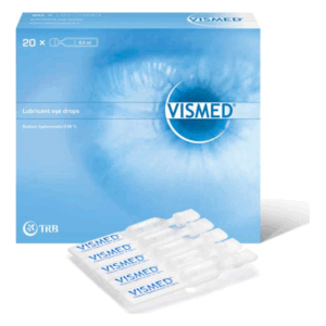 Verpackung mit 20 Einzelampullen Vismed Augentropfen, farblich blau und weiß, mit dem Hinweis auf Natriumhyaluronat.