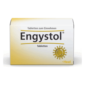 Verpackung von Engystol Tabletten zum Einnehmen in einem weißen und gelben Karton mit goldenen Akzenten.