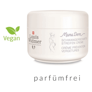 Weißer Tiegel mit Schwangerschaftsstreifen Creme von Louis Widmer, vegan und parfümfrei, mit einer illustrativen Abbildung einer schwangeren Frau.
