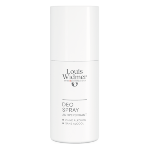 Weißes Deo Spray von Louis Widmer mit alkoholfreier Formel, in einfacher, klarer Verpackung.
