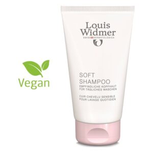 Tube mit Soft Shampoo von Louis Widmer für empfindliche Kopfhaut, vegan, mit rosa Verschluss.