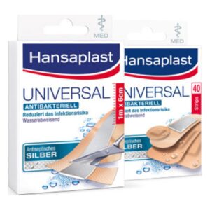 Verpackung mit selbstklebenden, wasserabweisenden Pflastern von Hansaplast, die antibakteriell wirken und das Infektionsrisiko reduzieren.