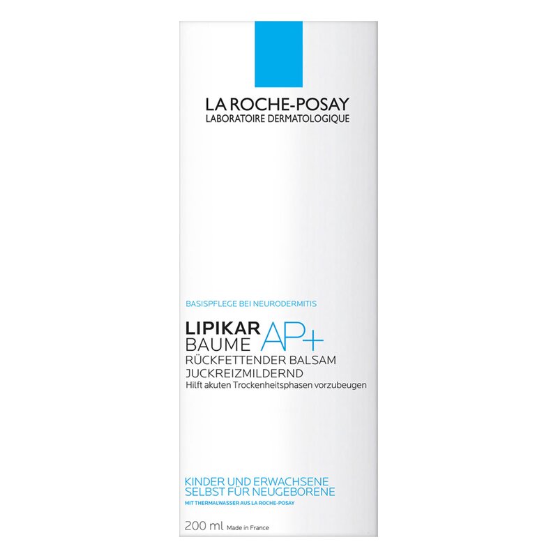 Verpackung eines rückfettenden Balsams gegen Juckreiz von La Roche-Posay, für Neurodermitis geeignet, 200 ml.