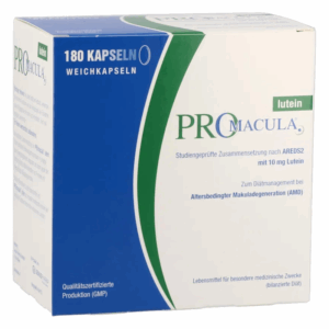 Verpackung von PRO Macula mit 180 Weichkapseln, Bestandteil Lutein zur Unterstützung bei altersbedingter Makuladegeneration.