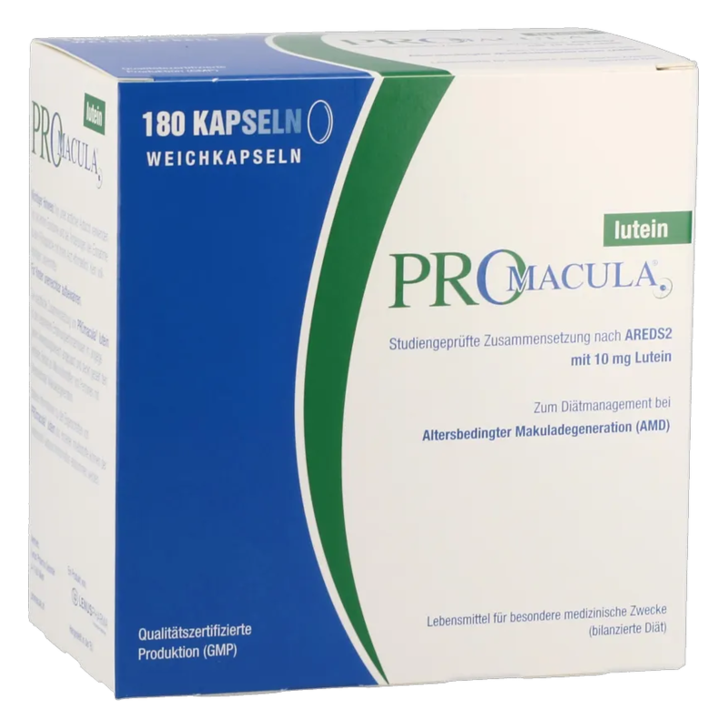 Verpackung von PRO Macula mit 180 Weichkapseln, Bestandteil Lutein zur Unterstützung bei altersbedingter Makuladegeneration.