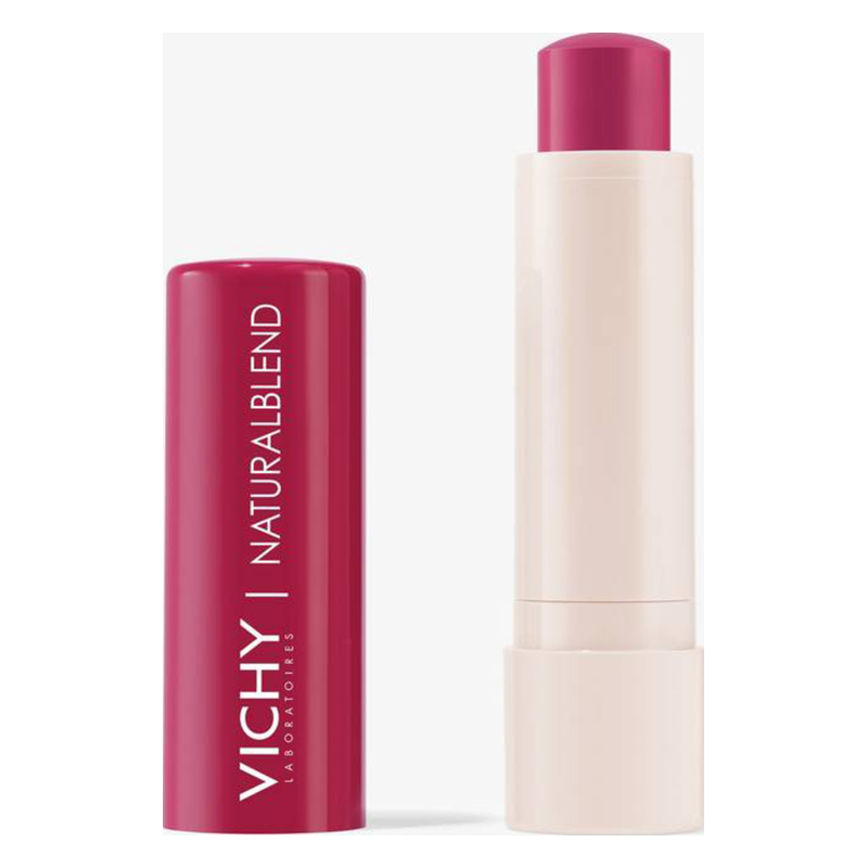 Rote Verpackung mit der Aufschrift „NATURALBLEND“ und einem cremigen Lippenstift in hellem Beige mit rosa Spitze.
