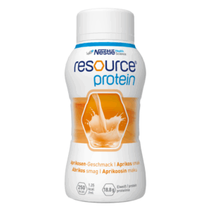 Flasche mit proteinreicher Drink in Aprikosengeschmack, Verpackung zeigt orangefarbene Flüssigkeit und Nährwertinformationen.