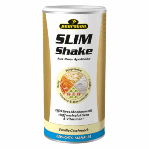Dose von Peeroton Slim Shake mit Vanillegeschmack, die für Gewichtsmanagement und Nährstoffe beworben wird.
