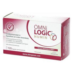 Packung mit Kapseln des Medizinprodukts OMNiLOGiC HUMIN zur oralen Anwendung, enthält 120 Kapseln, beigelegt sind Anwendungsinformationen.