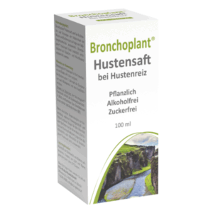 Verpackung des Bronchoplant Hustensafts, pflanzlich, alkoholfrei und zuckerfrei, 100 ml.