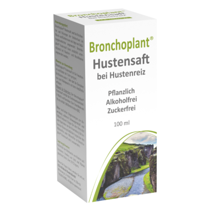 Verpackung des Bronchoplant Hustensafts, pflanzlich, alkoholfrei und zuckerfrei, 100 ml.