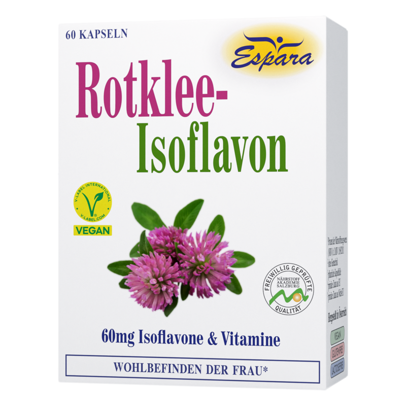 Verpackung von rotklee-isoflavon Kapseln mit pinken und grünen Schriftzügen sowie einer Abbildung einer Rotklee-Blüte.