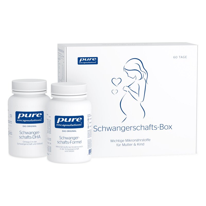 Schwangerschafts-Box von Pure Encapsulations mit zwei Flaschen Nahrungsergänzungsmitteln und einer Verpackung, die eine schwangere Frau zeigt.