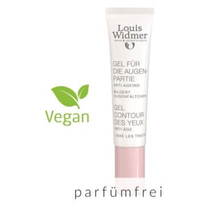 Augenpflege-Gel von Louis Widmer in einer Tube mit pinkem Verschluss, vegan und parfumfrei.