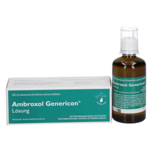 Braune Flasche mit Flüssigkeit und weißen, grün bedruckten Kartonverpackung für Ambroxol Genericon, Atemwegslösung.