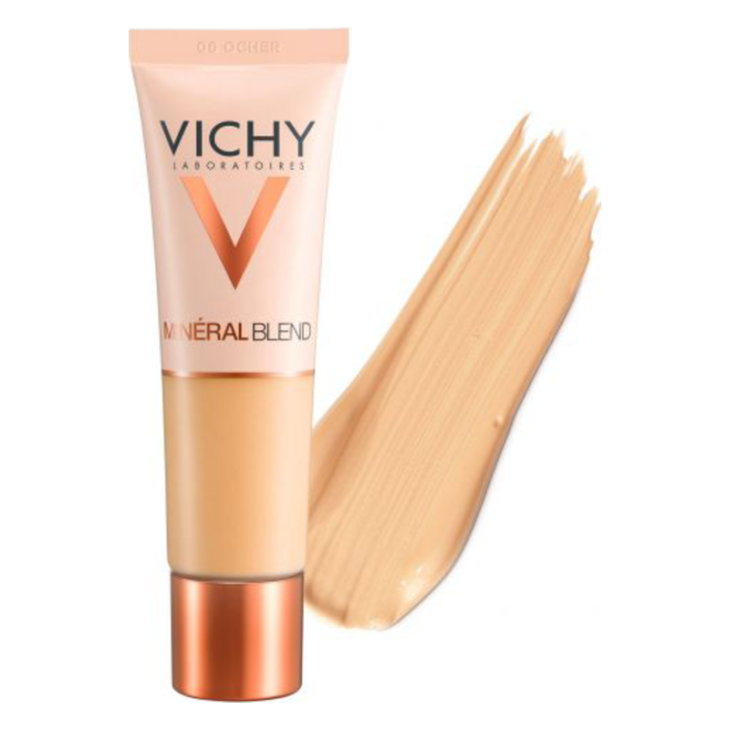 Vichy Mineral Blend Make-up-Tube in hellem Beigeton mit einem swatch daneben.