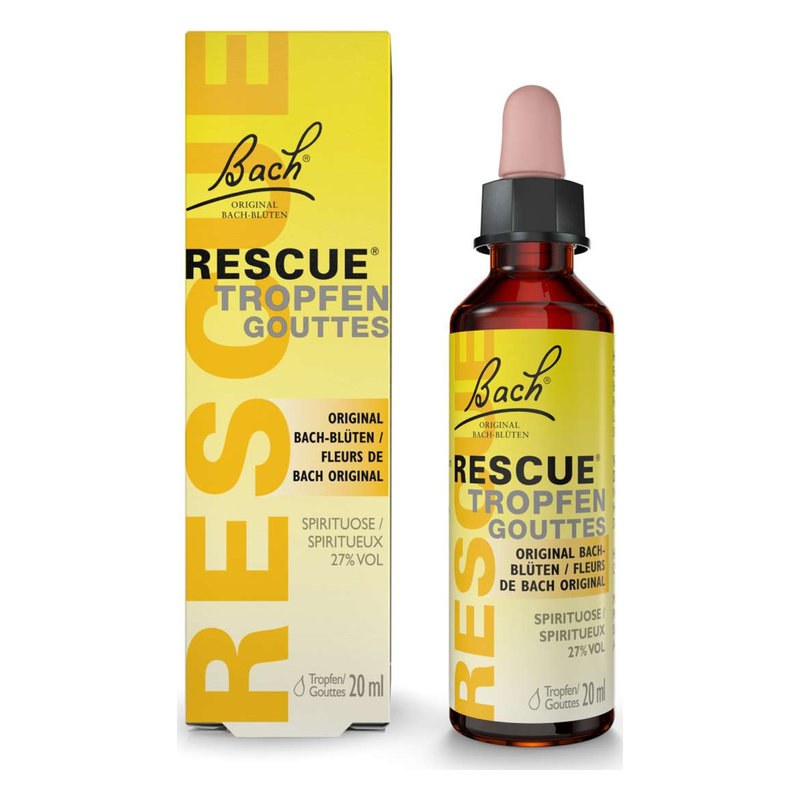 Bach Rescue Tropfen in einer braunen Flasche mit Pipette und gelbem Karton, 20 ml.