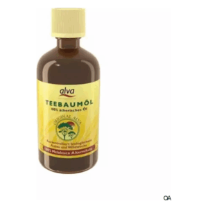 Flasche mit Teebaumöl von alva, etikettiert mit '100% ätherisches Öl', braun mit gelbem Etikett und Schraubverschluss.