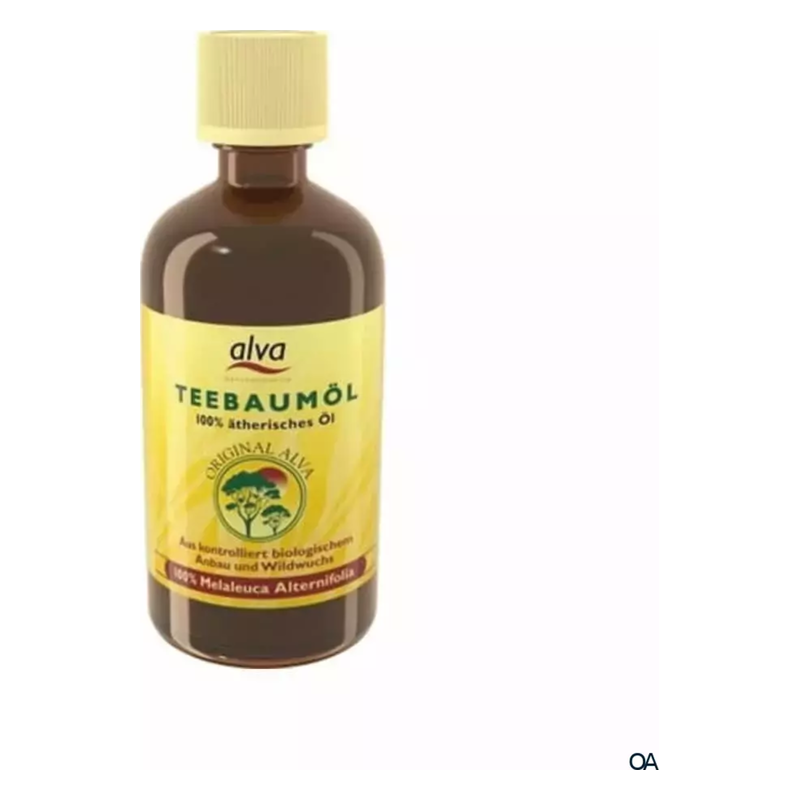 Flasche mit Teebaumöl von alva, etikettiert mit '100% ätherisches Öl', braun mit gelbem Etikett und Schraubverschluss.