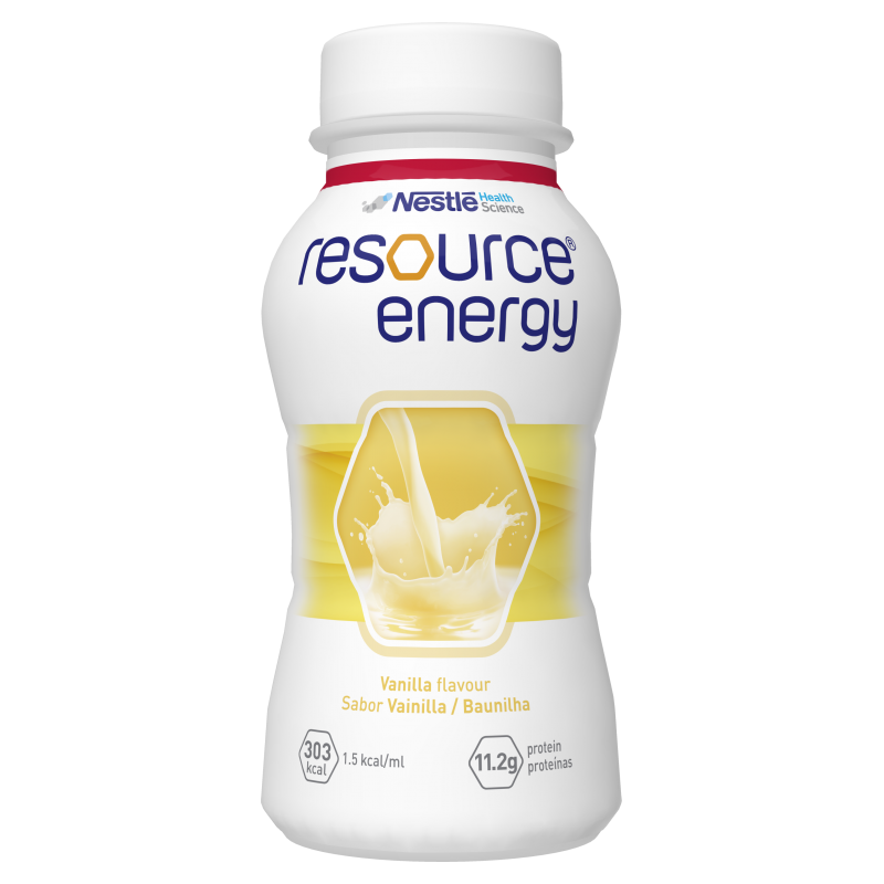 Flasche mit Vanillegeschmack von resource energy, mit einem flüssigen, hellen Inhalt und einem leicht geschwungenen Design.