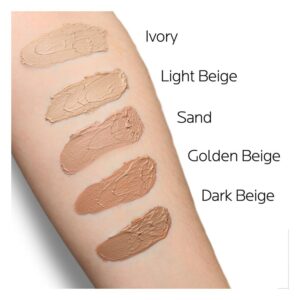 Fünf Foundation-Swatches in verschiedenen Farbtönen auf einem Unterarm, beschriftet mit Ivory, Light Beige, Sand, Golden Beige und Dark Beige.