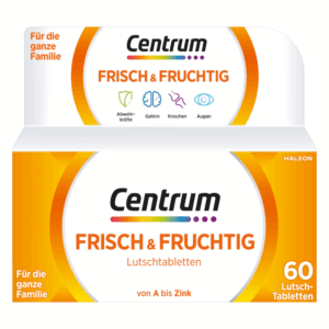Verpackung von Centrum Frisch & Fruchtig Lutschtabletten mit Angaben zur Nutzung für die ganze Familie und wichtigen Nährstoffen.