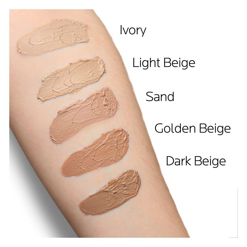 Fünf Foundation-Swatches in verschiedenen Farbtönen auf einem Unterarm, beschriftet mit Ivory, Light Beige, Sand, Golden Beige und Dark Beige.